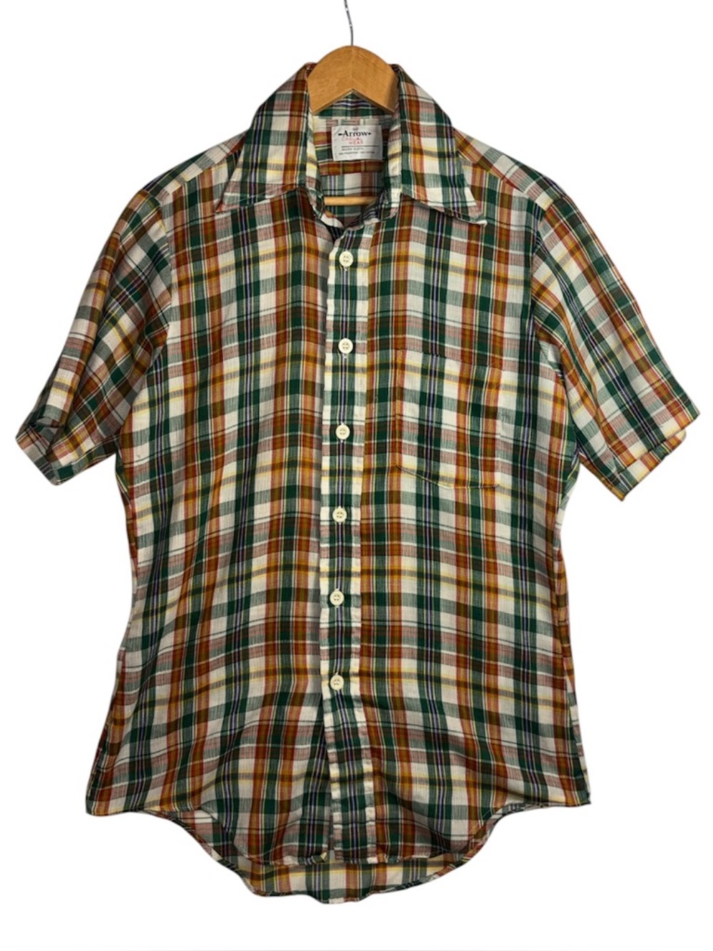 Arrow Musk Cloth Vintage 1970s Green Orange Plaid Button Up Shirt Mens Medium